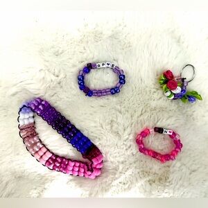 Kandi Beads 4 Piece Set! 2 Bracelets, Necklace, Keychain Purple and Pink
